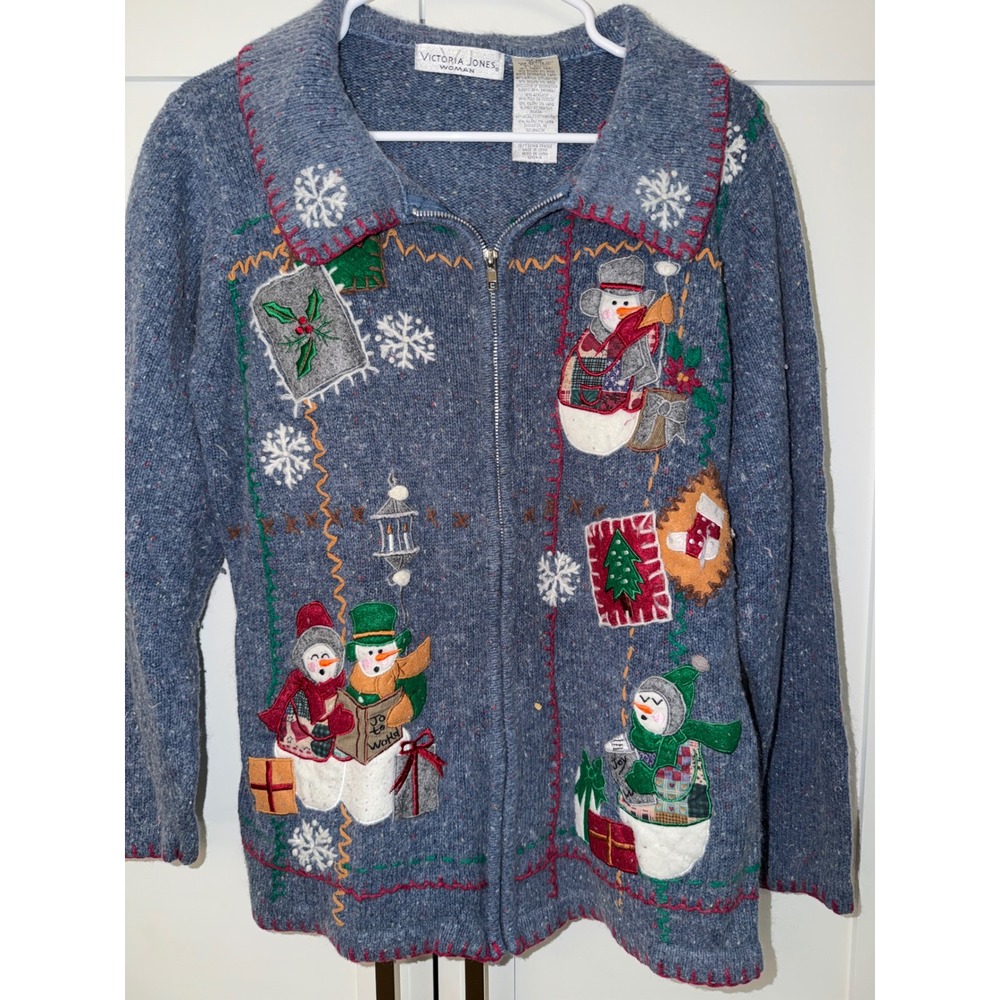 Victoria Jones Woman Christmas Snowman Zip Up Cardigan Sweater Blue Marl 1X